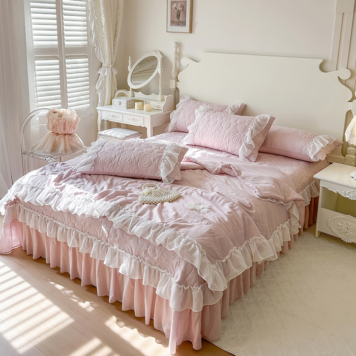 91家纺网 家纺一手货源 找家纺 网红馆（ck家纺） 2026春夏新款韩系巴黎纱夏被夏凉被空调被床盖四件套-曼塔玫瑰 曼塔玫瑰-藕色