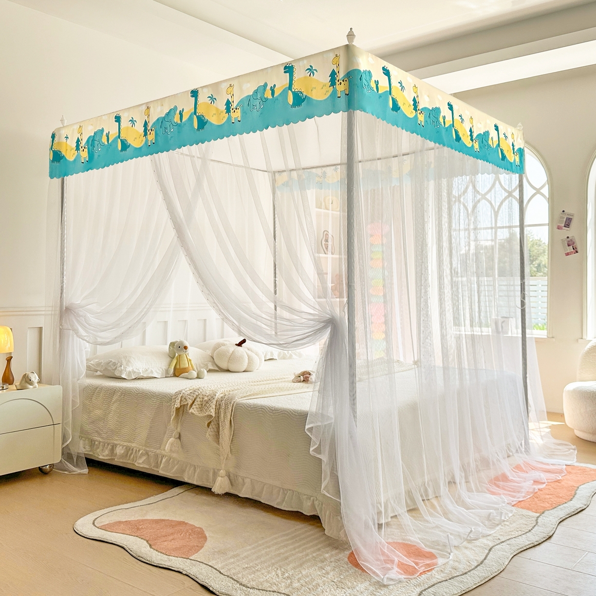 91家纺网 家纺一手货源 找家纺 永旺家纺 2026新款宫廷落地印花款蚊帐 动物世界