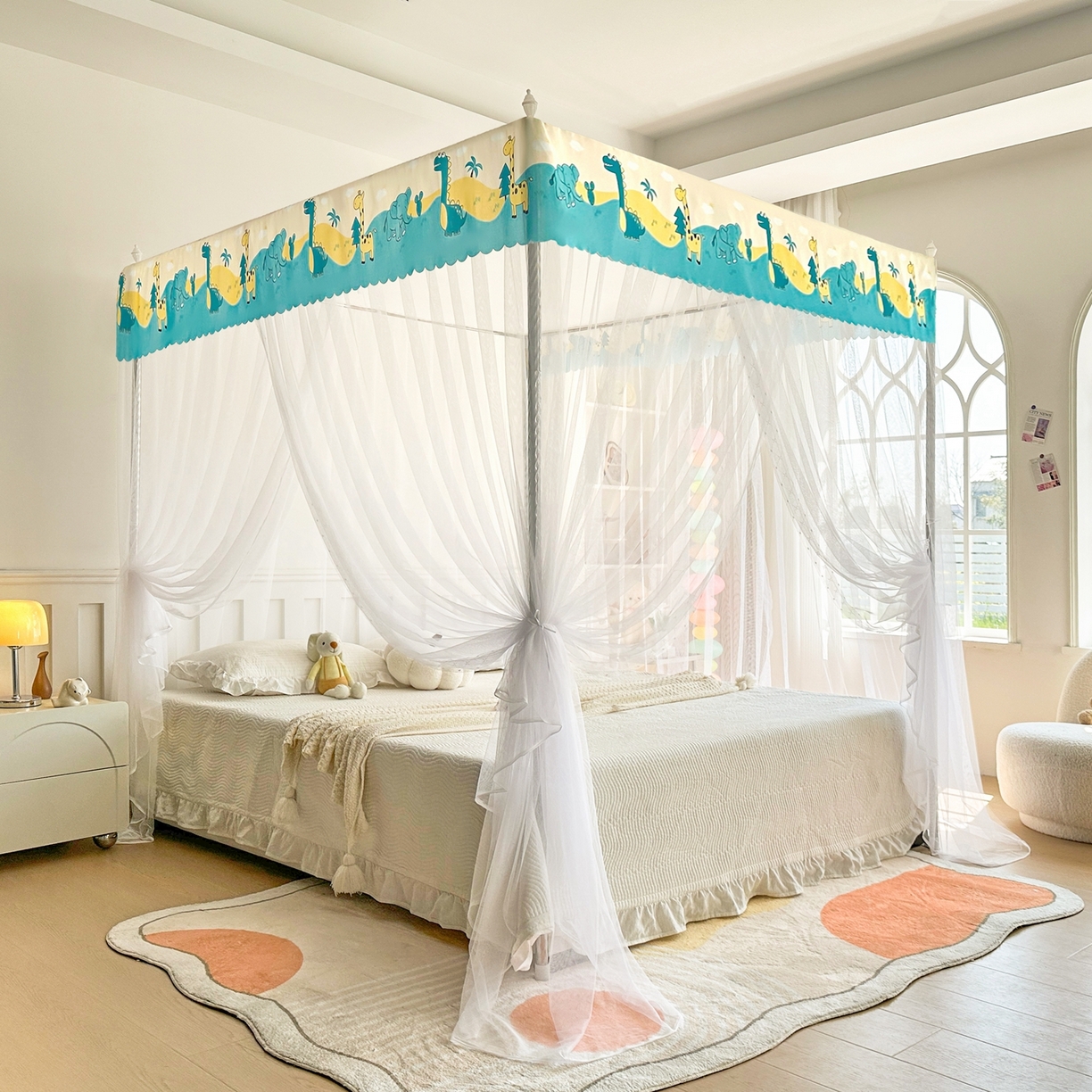 91家纺网 家纺一手货源 找家纺 永旺家纺 2026新款宫廷落地印花款蚊帐 动物世界