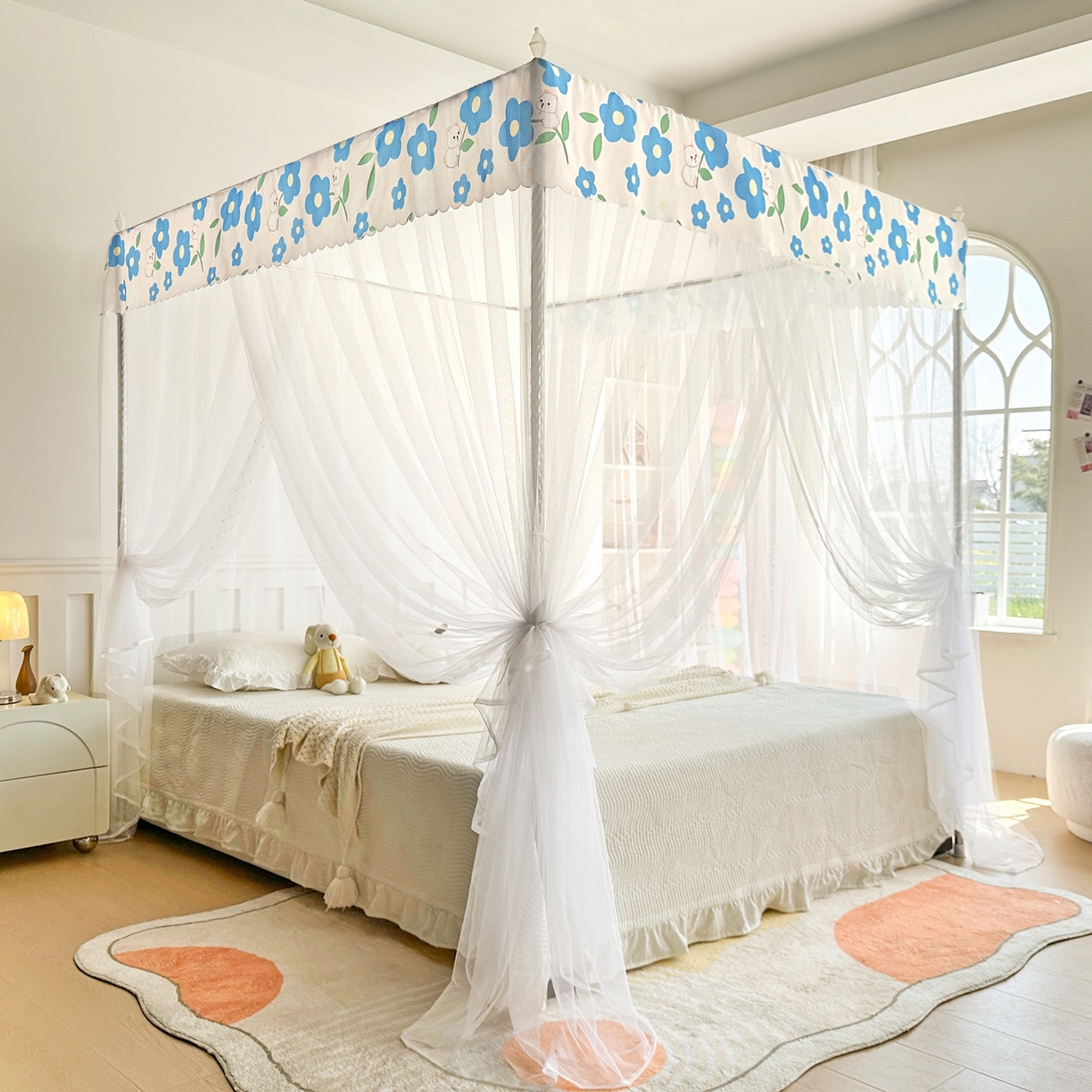 91家纺网 家纺一手货源 找家纺 永旺家纺 2026新款宫廷落地印花款蚊帐 花田趣事