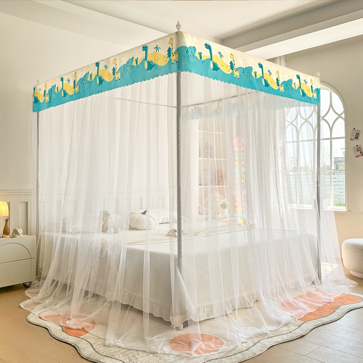 91家纺网 家纺一手货源 找家纺 永旺家纺 2026新款宫廷落地印花款蚊帐 动物世界