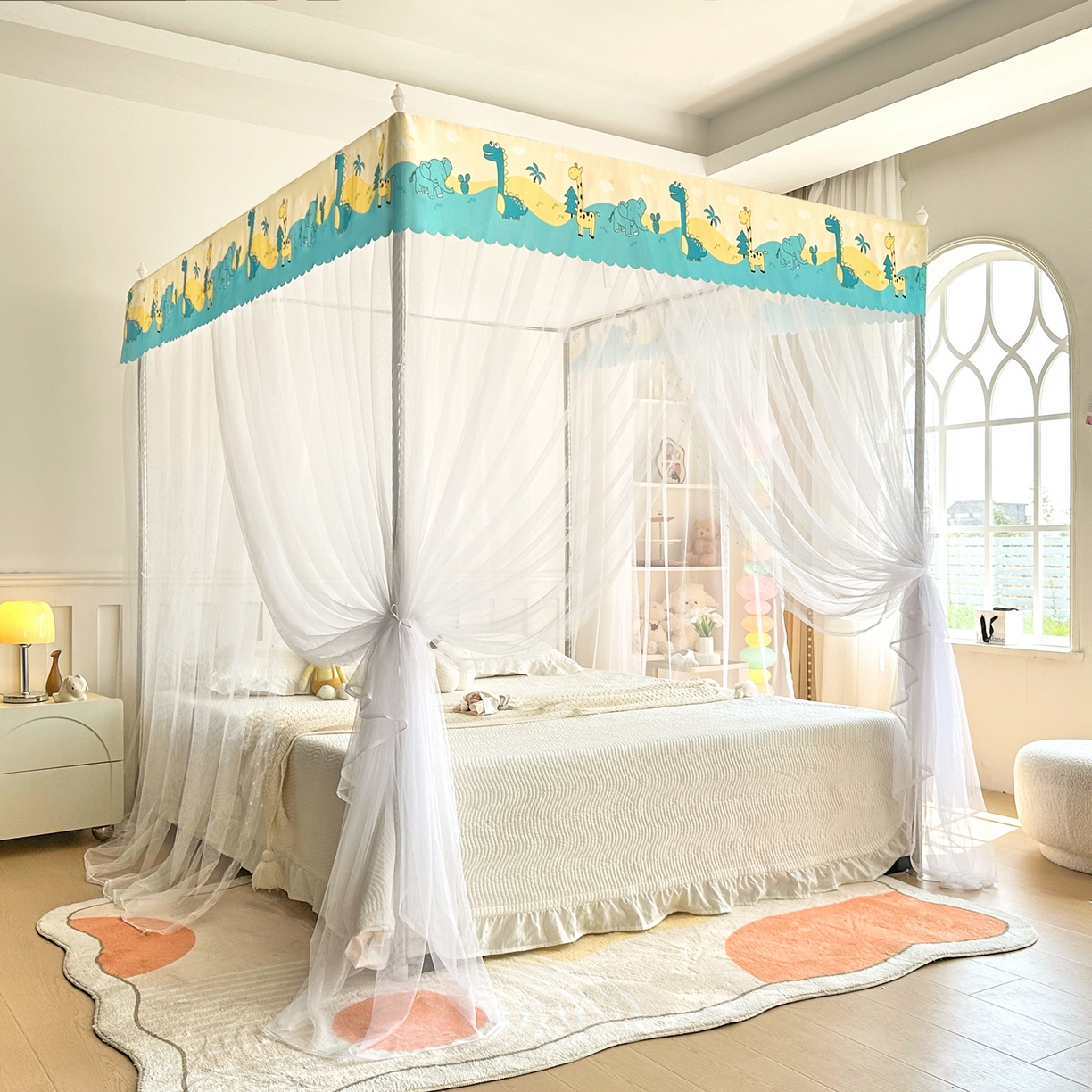 91家纺网 家纺一手货源 找家纺 永旺家纺 2026新款宫廷落地印花款蚊帐 动物世界