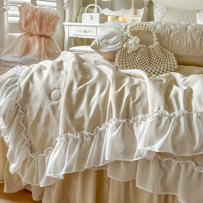 91家纺网 家纺一手货源 找家纺 网红馆（ck家纺） 2026春夏新款韩系巴黎纱夏被夏凉被空调被床盖四件套-曼塔玫瑰 曼塔玫瑰-卡其