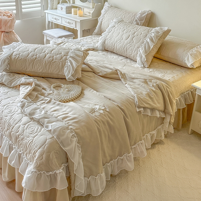 91家纺网 家纺一手货源 找家纺 网红馆（ck家纺） 2026春夏新款韩系巴黎纱夏被夏凉被空调被床盖四件套-曼塔玫瑰 曼塔玫瑰-卡其