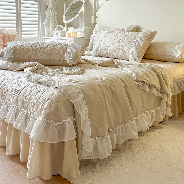 91家纺网 家纺一手货源 找家纺 网红馆（ck家纺） 2026春夏新款韩系巴黎纱夏被夏凉被空调被床盖四件套-曼塔玫瑰 曼塔玫瑰-卡其