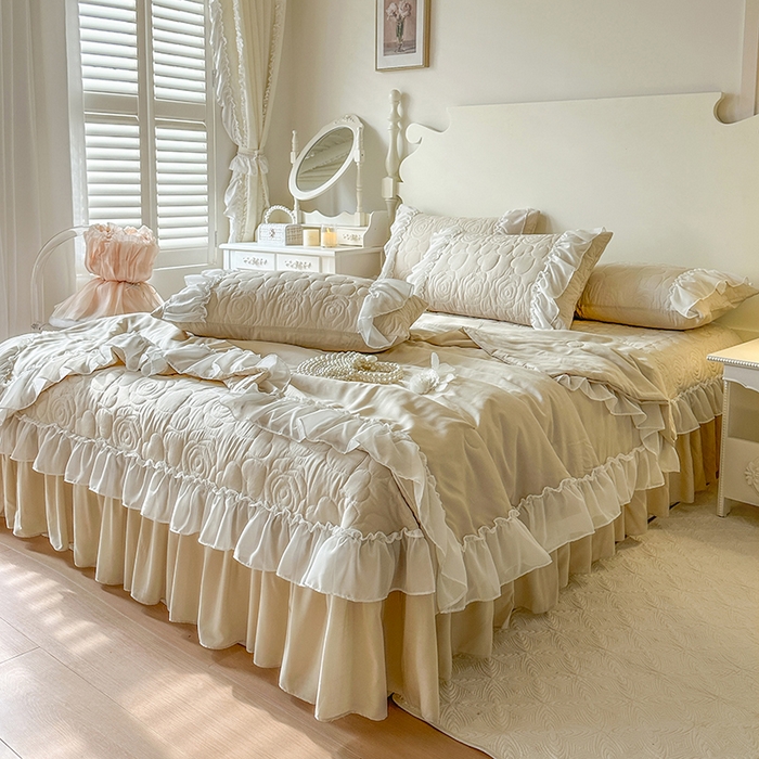 91家纺网 家纺一手货源 找家纺 网红馆（ck家纺） 2026春夏新款韩系巴黎纱夏被夏凉被空调被床盖四件套-曼塔玫瑰 曼塔玫瑰-卡其