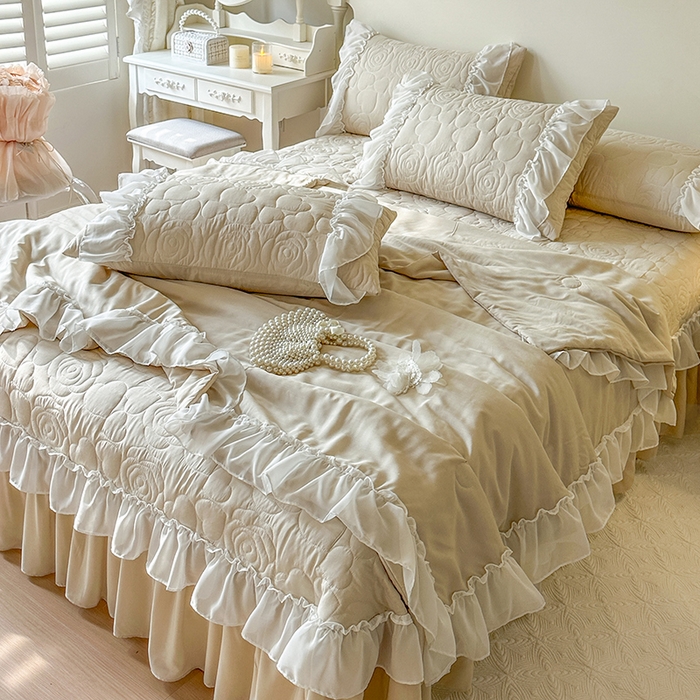 91家纺网 家纺一手货源 找家纺 网红馆（ck家纺） 2026春夏新款韩系巴黎纱夏被夏凉被空调被床盖四件套-曼塔玫瑰 曼塔玫瑰-卡其