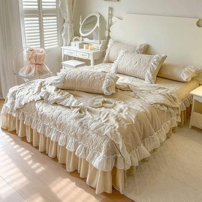 91家纺网 家纺一手货源 找家纺 网红馆（ck家纺） 2026春夏新款韩系巴黎纱夏被夏凉被空调被床盖四件套-曼塔玫瑰 曼塔玫瑰-卡其