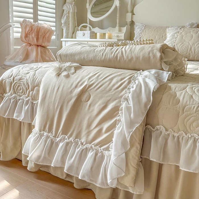 91家纺网 家纺一手货源 找家纺 网红馆（ck家纺） 2026春夏新款韩系巴黎纱夏被夏凉被空调被床盖四件套-曼塔玫瑰 曼塔玫瑰-卡其