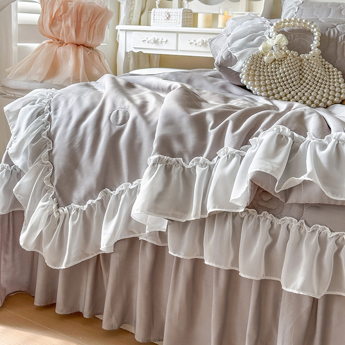 91家纺网 家纺一手货源 找家纺 网红馆（ck家纺） 2026春夏新款韩系巴黎纱夏被夏凉被空调被床盖四件套-曼塔玫瑰 曼塔玫瑰-灰色