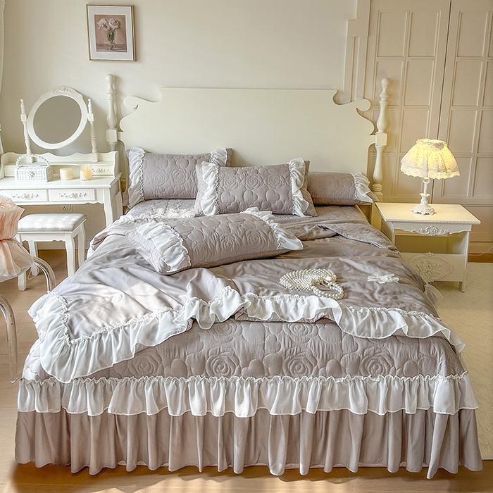 91家纺网 家纺一手货源 找家纺 网红馆（ck家纺） 2026春夏新款韩系巴黎纱夏被夏凉被空调被床盖四件套-曼塔玫瑰 曼塔玫瑰-灰色