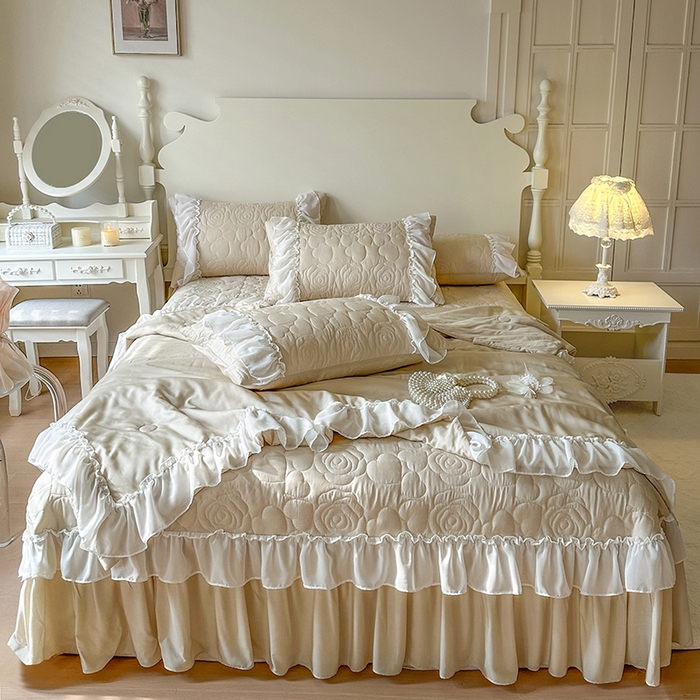 91家纺网 家纺一手货源 找家纺 网红馆（ck家纺） 2026春夏新款韩系巴黎纱夏被夏凉被空调被床盖四件套-曼塔玫瑰 曼塔玫瑰-卡其