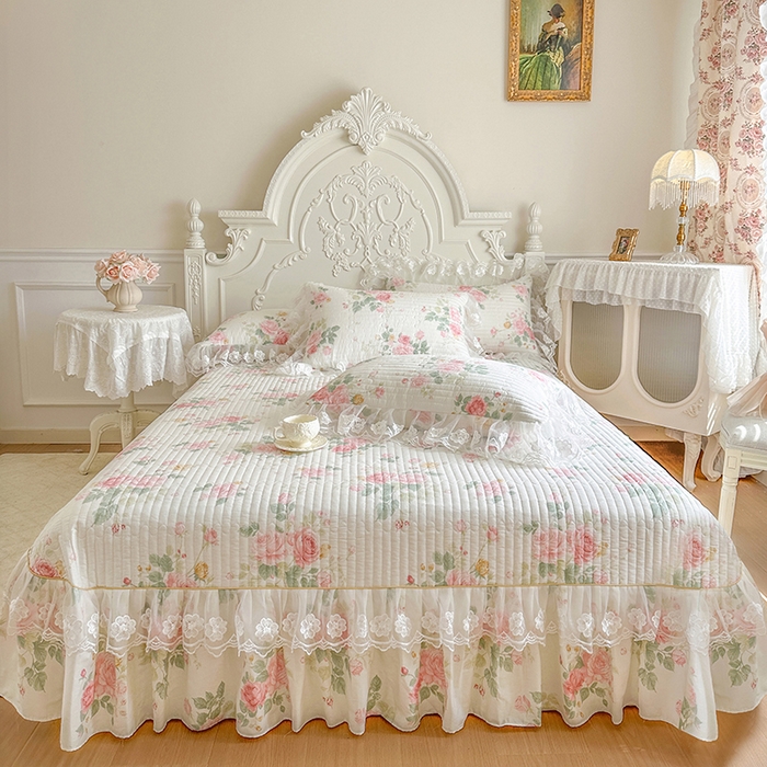 91家纺网 家纺一手货源 找家纺 网红馆（ck家纺） 2026春夏新款小清新田园全棉印花床盖三件套 蕾丝花海