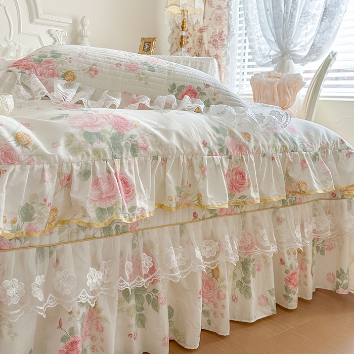 91家纺网 家纺一手货源 找家纺 网红馆（ck家纺） 2026春夏新款小清新田园全棉印花床盖三件套 蕾丝花海