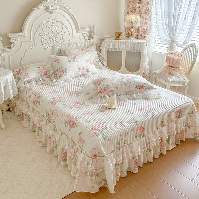 91家纺网 家纺一手货源 找家纺 网红馆（ck家纺） 2026春夏新款小清新田园全棉印花床盖三件套 蕾丝花海