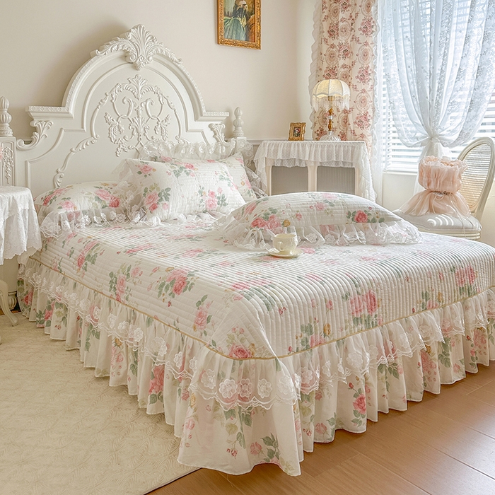 91家纺网 家纺一手货源 找家纺 网红馆（ck家纺） 2026春夏新款小清新田园全棉印花床盖三件套 蕾丝花海