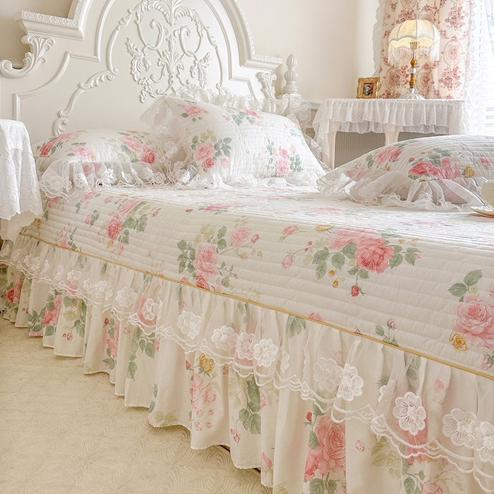 91家纺网 家纺一手货源 找家纺 网红馆（ck家纺） 2026春夏新款小清新田园全棉印花床盖三件套 蕾丝花海