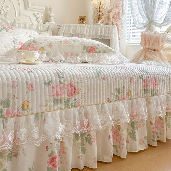 91家纺网 家纺一手货源 找家纺 网红馆（ck家纺） 2026春夏新款小清新田园全棉印花床盖三件套 蕾丝花海