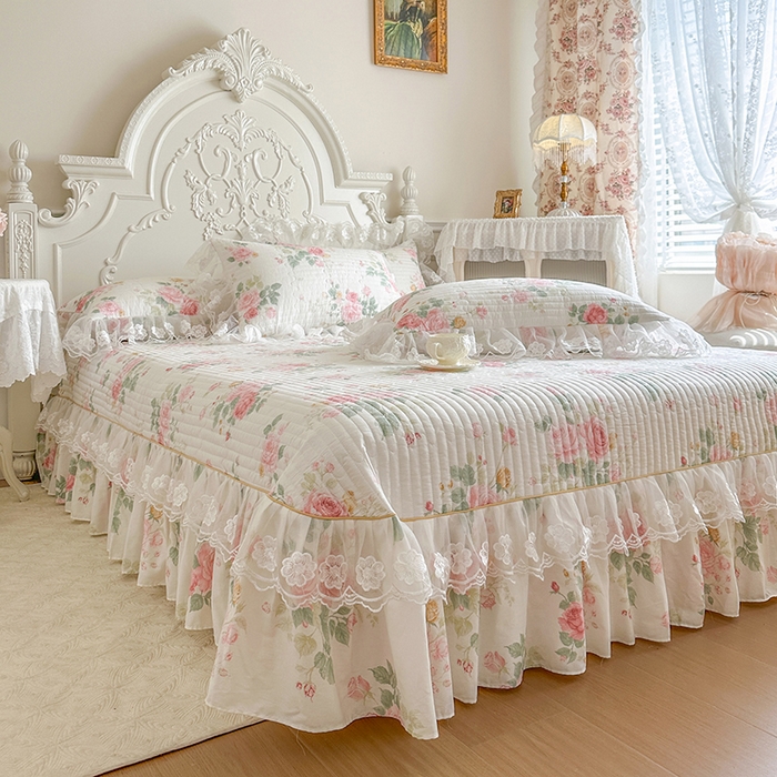 网红馆（ck家纺） 2026春夏新款小清新田园全棉印花床盖三件套 蕾丝花海