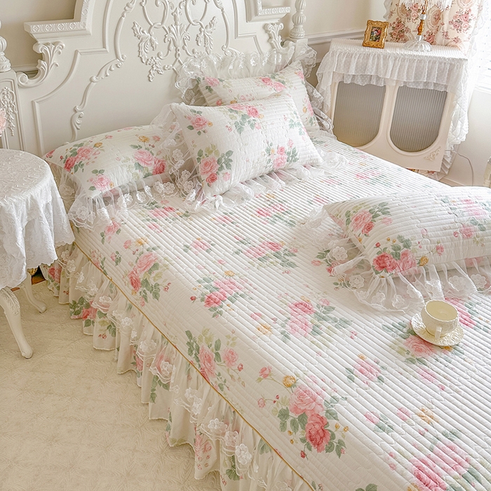 91家纺网 家纺一手货源 找家纺 网红馆（ck家纺） 2026春夏新款小清新田园全棉印花床盖三件套 蕾丝花海