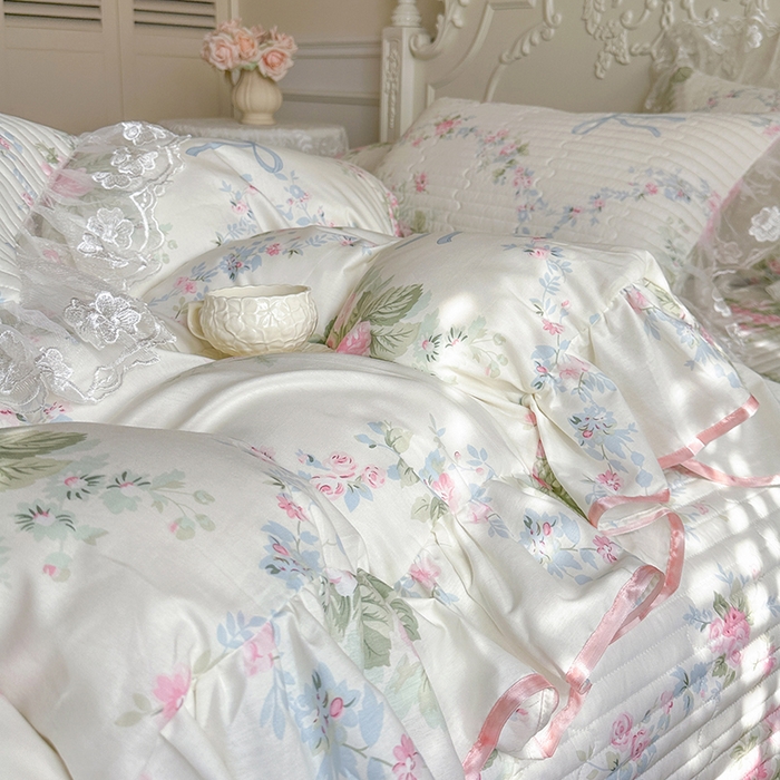 91家纺网 家纺一手货源 找家纺 网红馆（ck家纺） 2026春夏新款小清新田园全棉印花床盖四件套 花蔓蓝