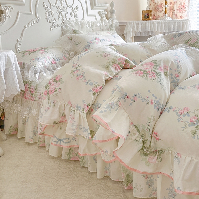 网红馆（ck家纺） 2026春夏新款小清新田园全棉印花床盖四件套 花蔓蓝