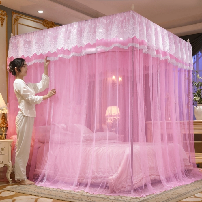 91家纺网 家纺一手货源 找家纺 永旺家纺 2026新款宫廷落地三门开蚊帐--春暖花开 粉色