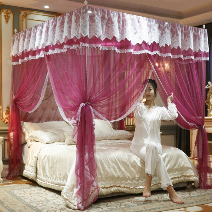 91家纺网 家纺一手货源 找家纺 永旺家纺 2026新款宫廷落地三门开蚊帐--春暖花开 红豆沙