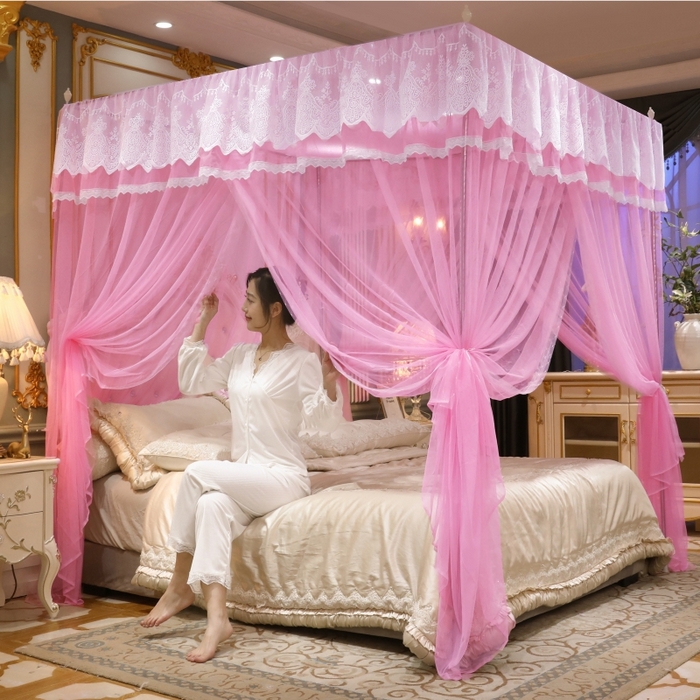 91家纺网 家纺一手货源 找家纺 永旺家纺 2026新款宫廷落地三门开蚊帐--春暖花开 粉色