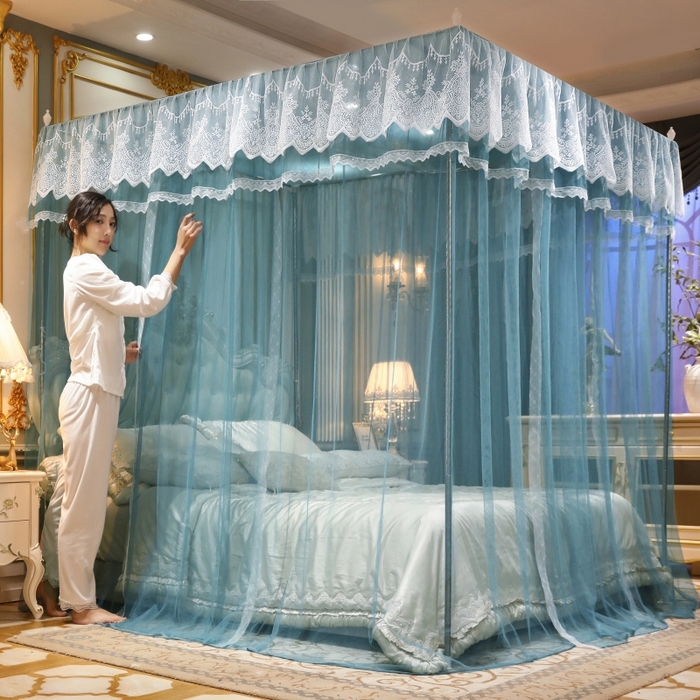 91家纺网 家纺一手货源 找家纺 永旺家纺 2026新款宫廷落地三门开蚊帐--春暖花开 雾霾蓝