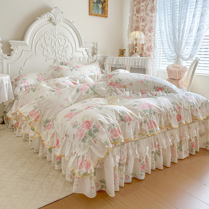 91家纺网 家纺一手货源 找家纺 网红馆（ck家纺） 2026春夏新款小清新田园全棉印花床盖四件套 蕾丝花海