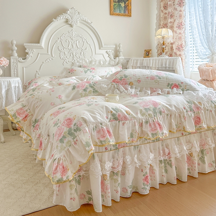 91家纺网 家纺一手货源 找家纺 网红馆（ck家纺） 2026春夏新款小清新田园全棉印花床盖四件套 蕾丝花海