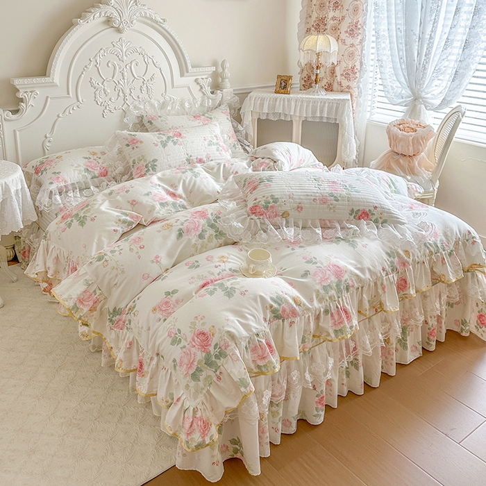 91家纺网 家纺一手货源 找家纺 网红馆（ck家纺） 2026春夏新款小清新田园全棉印花床盖四件套 蕾丝花海