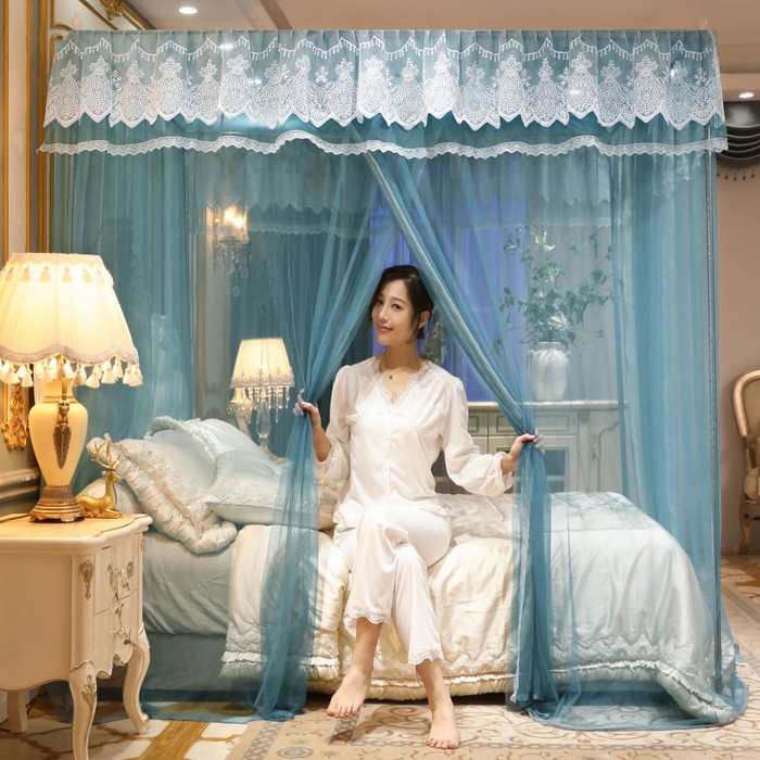 91家纺网 家纺一手货源 找家纺 永旺家纺 2026新款宫廷落地三门开蚊帐--春暖花开 雾霾蓝