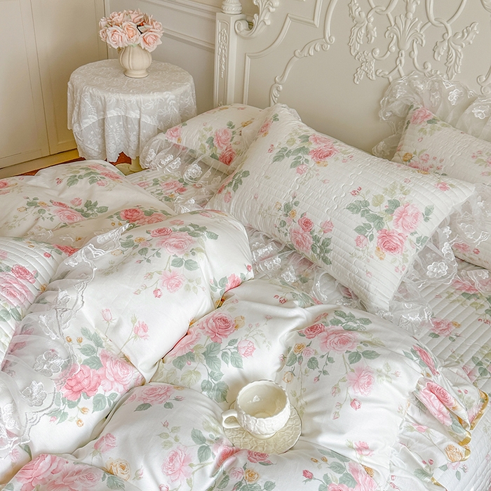 91家纺网 家纺一手货源 找家纺 网红馆（ck家纺） 2026春夏新款小清新田园全棉印花床盖四件套 蕾丝花海