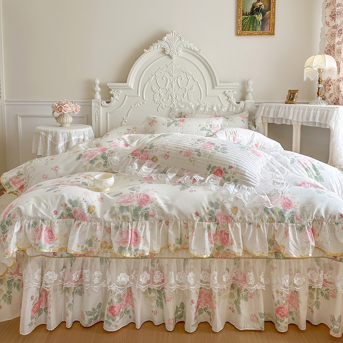 91家纺网 家纺一手货源 找家纺 网红馆（ck家纺） 2026春夏新款小清新田园全棉印花床盖四件套 蕾丝花海