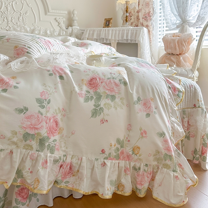 91家纺网 家纺一手货源 找家纺 网红馆（ck家纺） 2026春夏新款小清新田园全棉印花床盖四件套 蕾丝花海