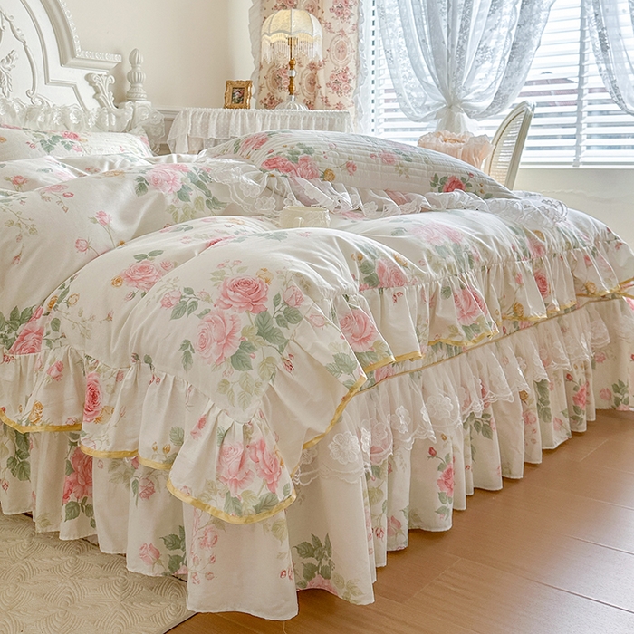 91家纺网 家纺一手货源 找家纺 网红馆（ck家纺） 2026春夏新款小清新田园全棉印花床盖四件套 蕾丝花海