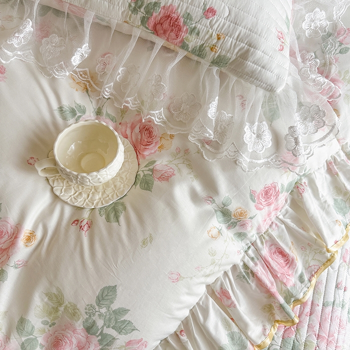 91家纺网 家纺一手货源 找家纺 网红馆（ck家纺） 2026春夏新款小清新田园全棉印花床盖四件套 蕾丝花海