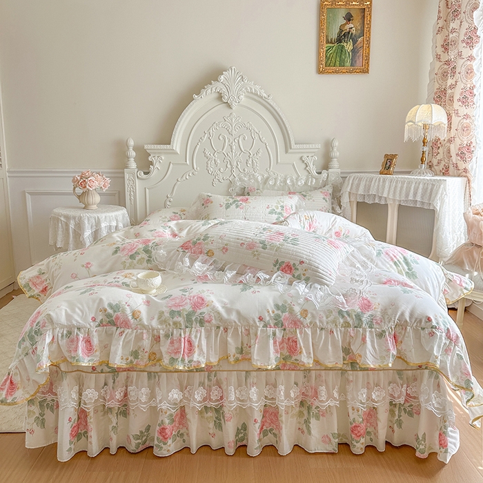 91家纺网 家纺一手货源 找家纺 网红馆（ck家纺） 2026春夏新款小清新田园全棉印花床盖四件套 蕾丝花海