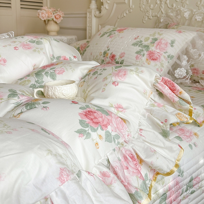 91家纺网 家纺一手货源 找家纺 网红馆（ck家纺） 2026春夏新款小清新田园全棉印花床盖四件套 蕾丝花海