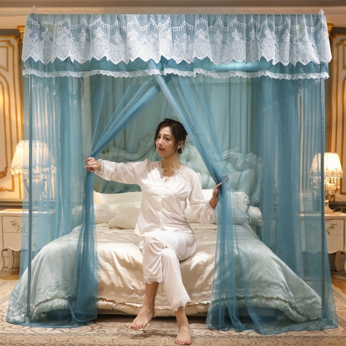 91家纺网 家纺一手货源 找家纺 永旺家纺 2026新款宫廷落地三门开蚊帐--春暖花开 雾霾蓝