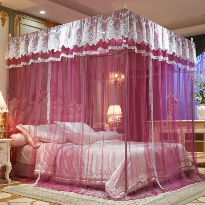 91家纺网 家纺一手货源 找家纺 永旺家纺 2026新款宫廷落地三门开蚊帐--春暖花开 红豆沙