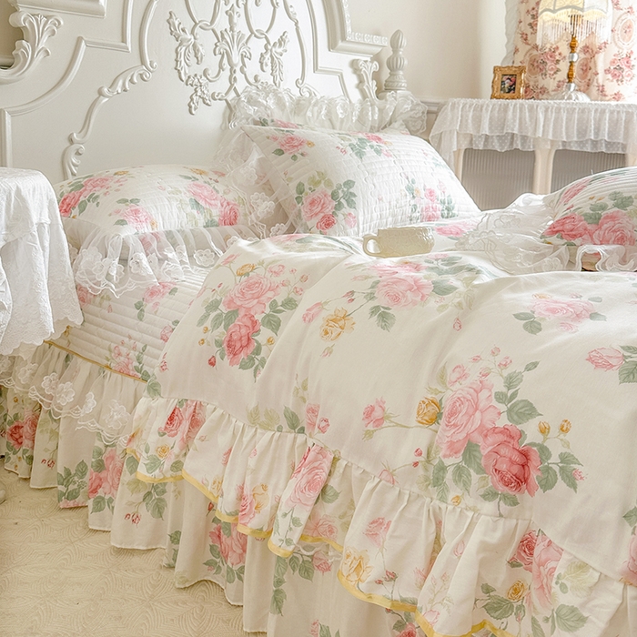 91家纺网 家纺一手货源 找家纺 网红馆（ck家纺） 2026春夏新款小清新田园全棉印花床盖四件套 蕾丝花海