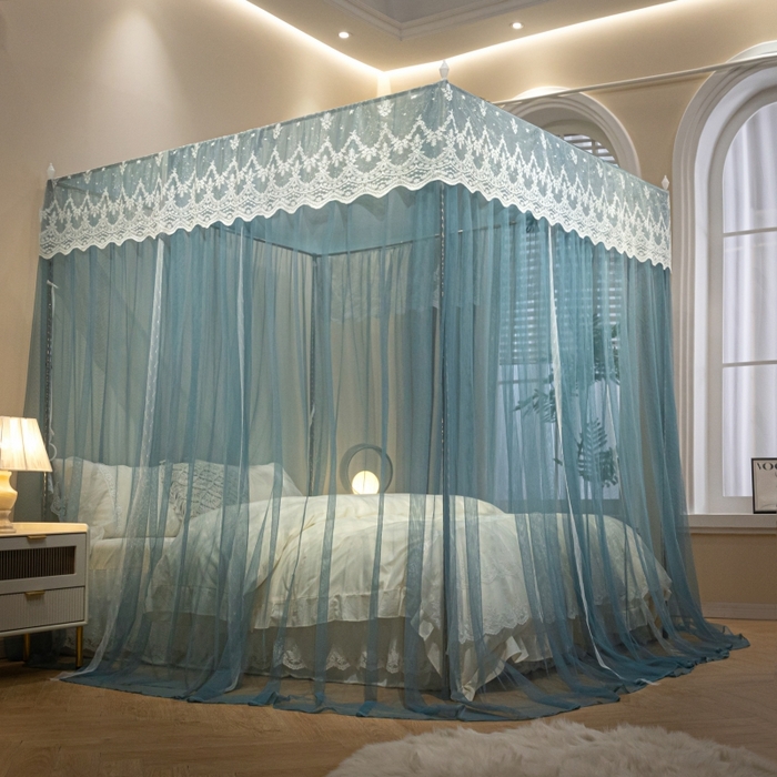 91家纺网 家纺一手货源 找家纺 永旺家纺 2026新款加密帐纱唯美花边宫廷蚊帐-凤羽 海洋蓝