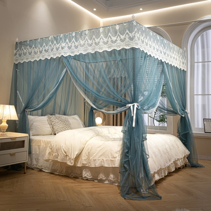 91家纺网 家纺一手货源 找家纺 永旺家纺 2026新款加密帐纱唯美花边宫廷蚊帐-凤羽 海洋蓝