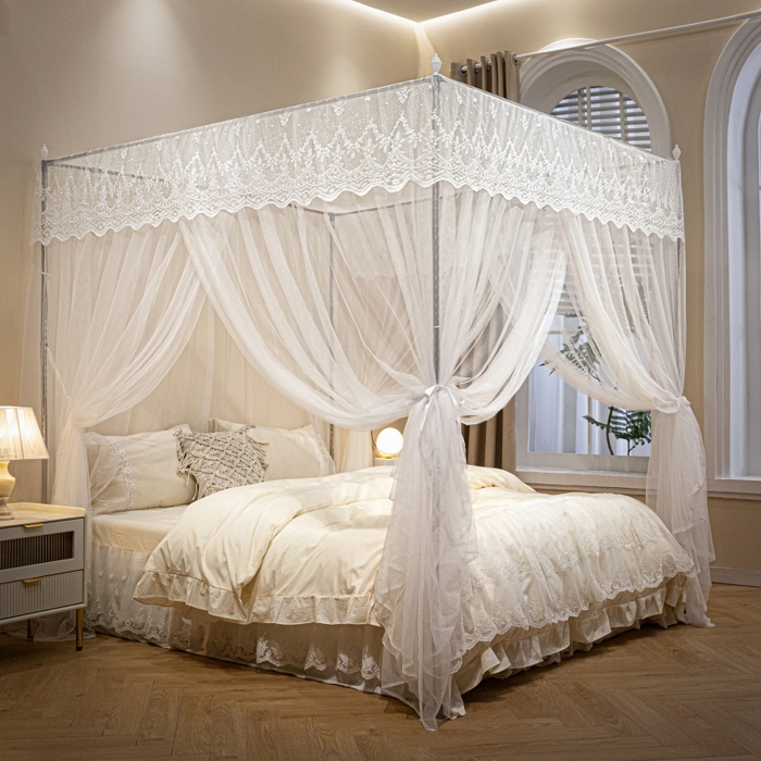 91家纺网 家纺一手货源 找家纺 永旺家纺 2026新款加密帐纱唯美花边宫廷蚊帐-凤羽 象牙白