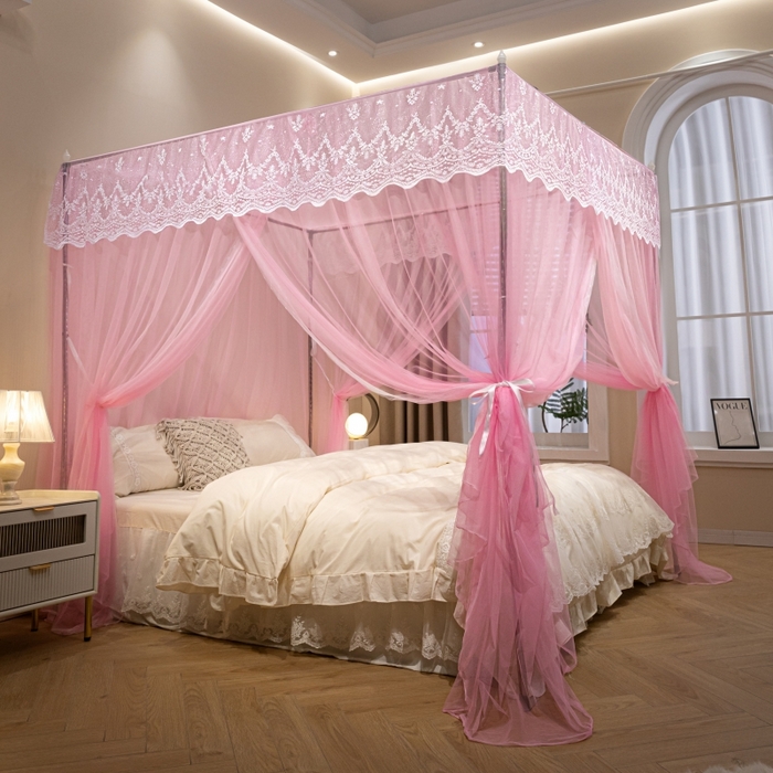 永旺家纺 2026新款加密帐纱唯美花边宫廷蚊帐-凤羽 蜜桃粉
