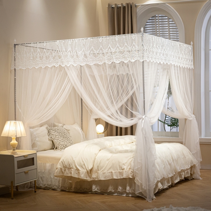 永旺家纺 2026新款加密帐纱唯美花边宫廷蚊帐-凤羽 象牙白