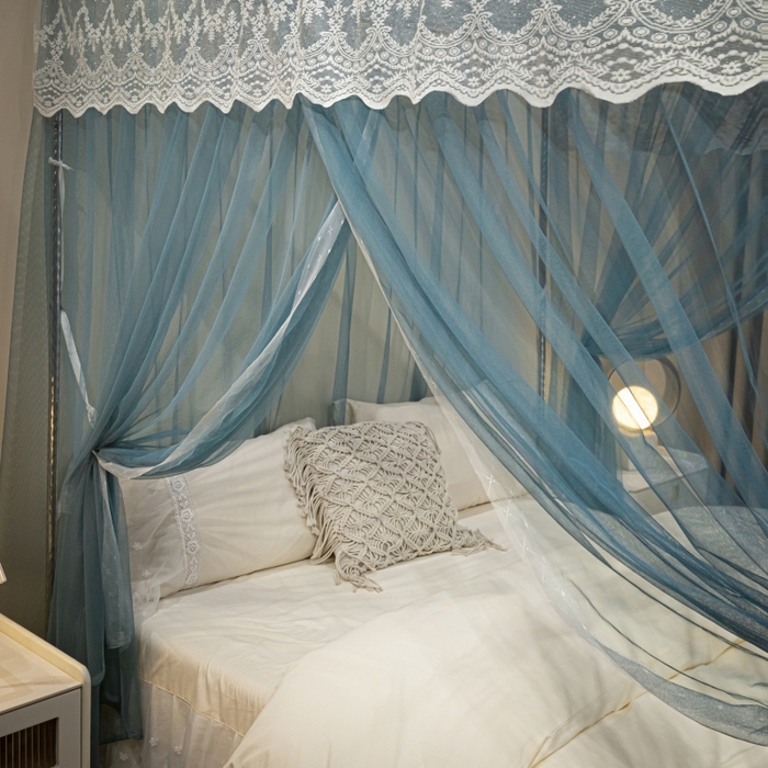 91家纺网 家纺一手货源 找家纺 永旺家纺 2026新款加密帐纱唯美花边宫廷蚊帐-凤羽 海洋蓝